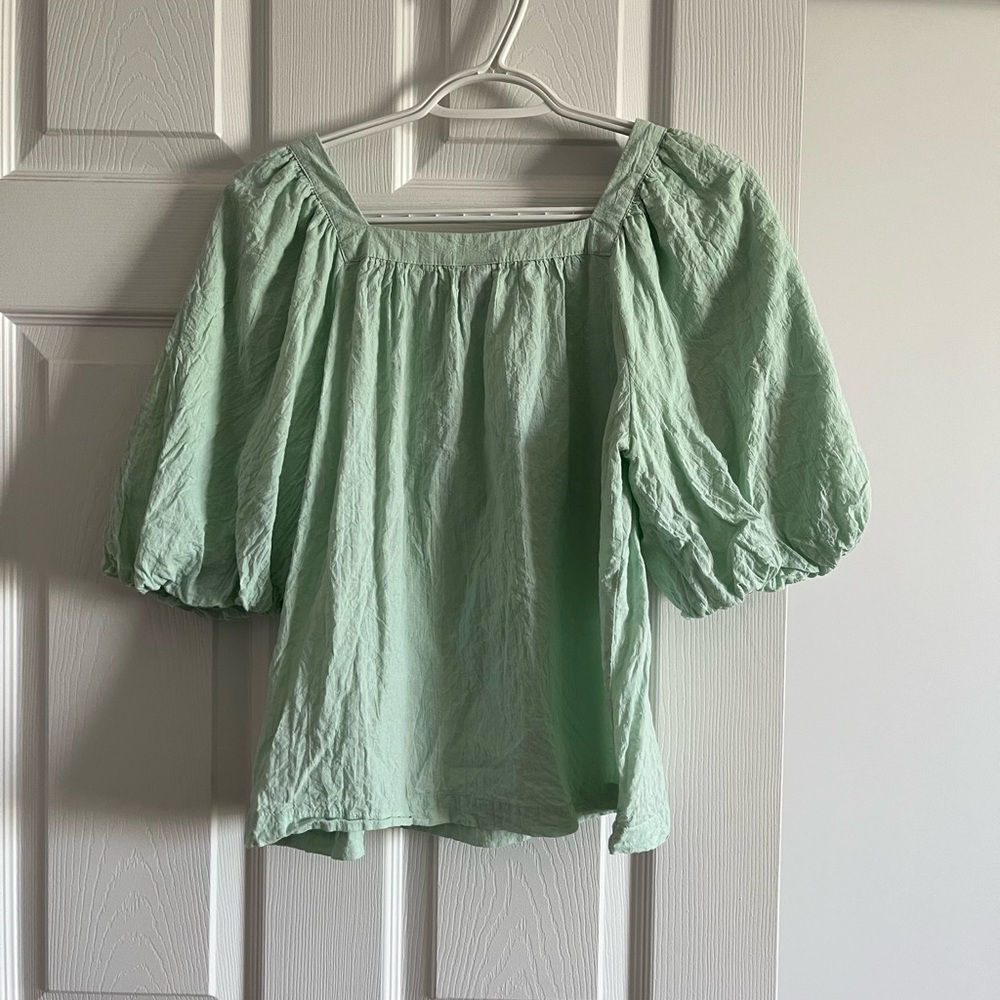 A New Day. Square neck XS-S puff sleeve cotton mint Green peasant Blouse - Picture 3 of 7